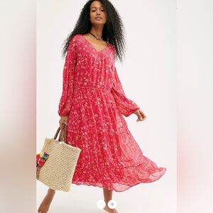 NWT Free People Wallflower Midi Dress Sz S Color Pink Raspberry Combo SRP $148